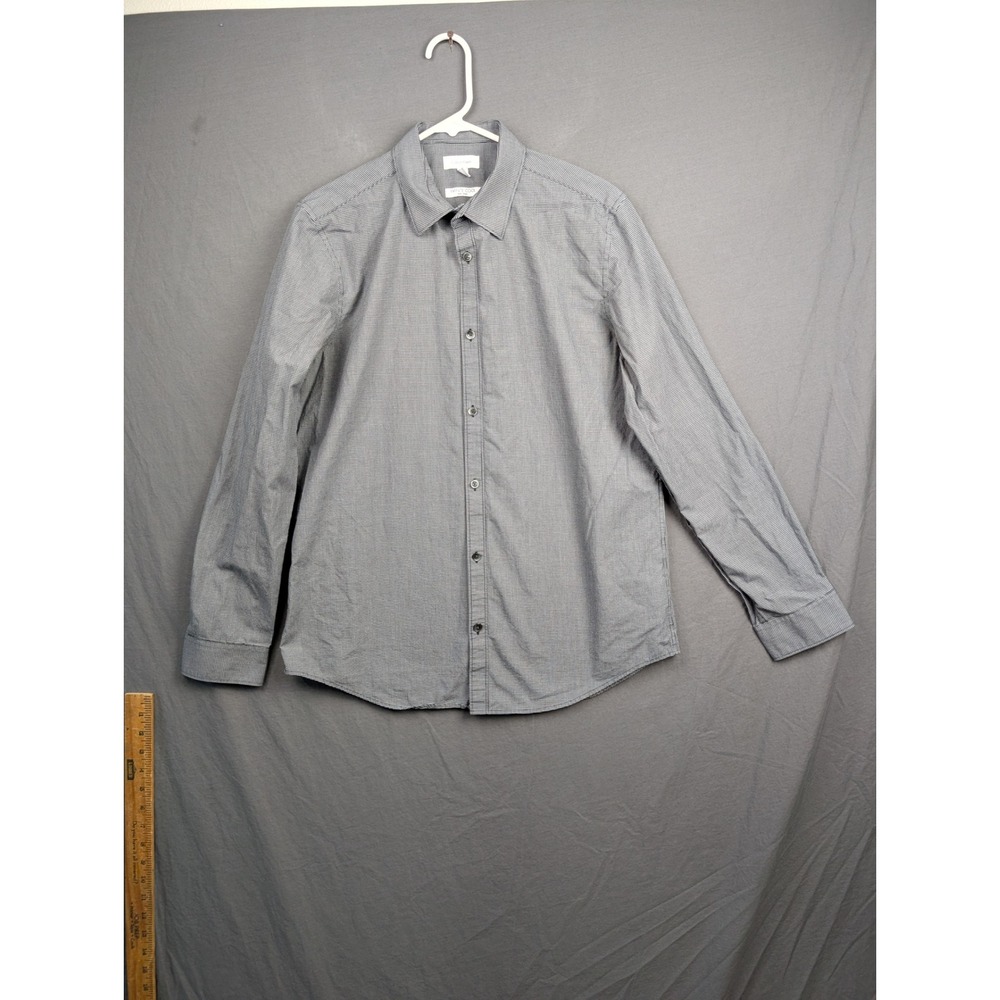 Calvin Klein Mens Gingham Button Up Shirt Long Sleeve Muscle Fit Grey White M